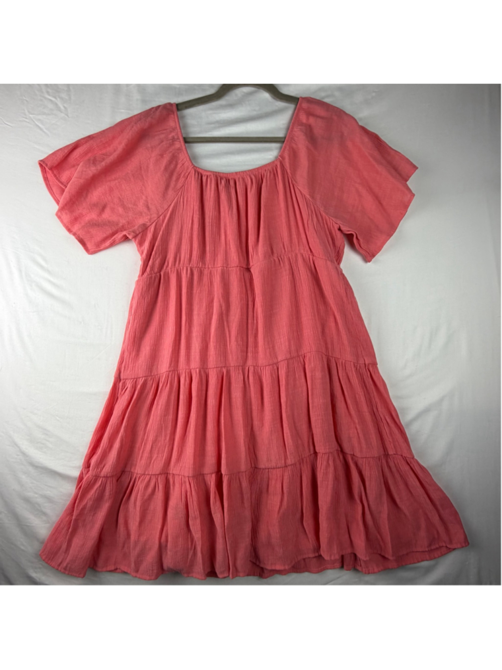 SO Coral Pink Tiered Babydoll Mini Dress Large Puff Sleeve Cottagecore Flowy
